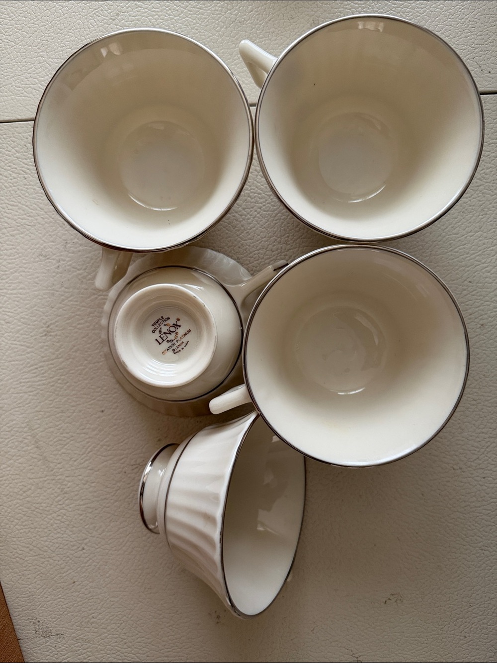 5 Lenox Cream Porcelain Teacups with Silver Trim